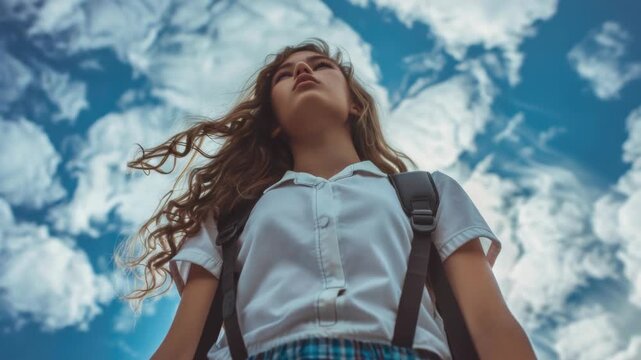 A student in a white blouse and blue checkered skirt stands on a sunny day, her eyes focused upward.