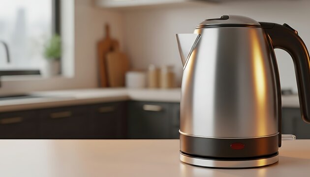 Stainless steel electric kettle on kitchen countertop with blurred background