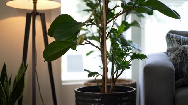 Indoor ficus plant in a black pot, adding a touch of nature to the living room.