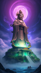 An antique gold Buddha monument stands as a majestic religious sculpture against a starry night sky, reflecting the ancient culture and spiritual art of an Asian temple