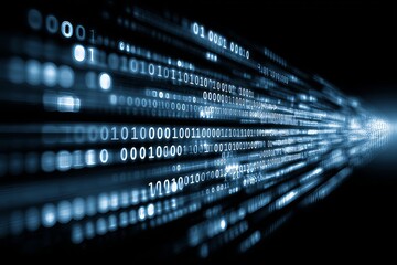 Binary code streams visualizing digital data in motion