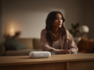 Sleek portable white noise machine and sound therapy device on a wooden living room table