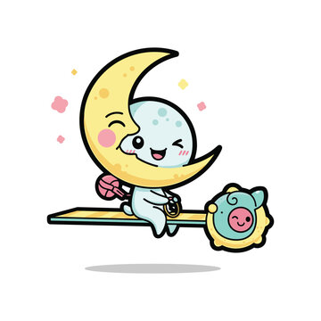 Whimsical Moon Character Holding Clock