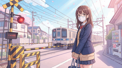 Anime schoolgirl with mask and glasses waiting at railroad crossing with passing train in spring, Japanese student in uniform commuting, cherry blossoms falling in suburban street.