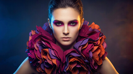 Avant garde couture portrait of young woman, dramatic ruffled collar, bold magenta makeup, studio fashion editorial, saturated color lighting, luxury design concept.