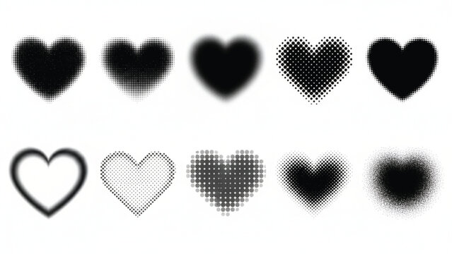 A set of ten black heart shapes with various halftone, gradient, and blurry effects on white background.