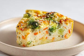 Delicious vegetable frittata slice with broccoli and cheese garnished with herbs and sesame seeds