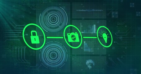 Animation of connected padlock and media icons over data processing and graphs on interface - Powered by Adobe