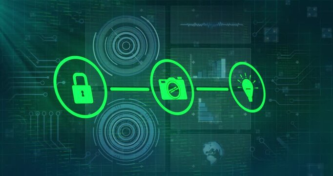 Animation of connected padlock and media icons over data processing and graphs on interface