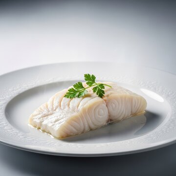 A perfectly steamed, healthy filet of white fish served on a minimalist plate with fresh green herbs and condensation visible from the heat, fish, soft, cuisine