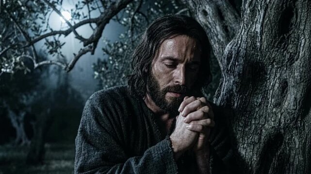 Jesus Christ praying in the Garden of Gethsemane at night. Man with beard leaning against an olive tree in deep prayer. Biblical scene of spiritual agony and devotion. Cinematic footage