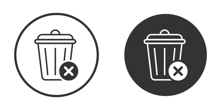 Circular trash can icons with delete overlays in black and white. Minimal vector design for UI, app interfaces, and digital platforms. Ideal for modern user experience and web tools.