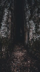 Obraz premium Ancient Tree Trunk with Natural Hollow Tunnel - Forest Interior-Exterior Connection