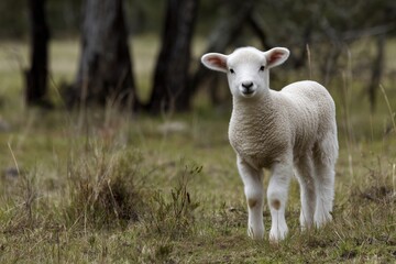 Obraz premium Adorable young lamb standing in green pasture with trees in background