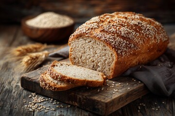Freshly baked rustic quinoa bread on wooden board with seeds and wheat