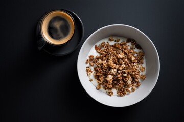 Healthy breakfast with granola and coffee on dark background