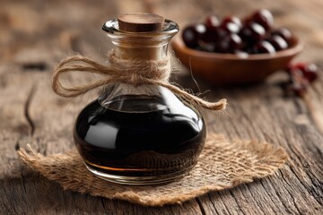 Rustic glass bottle with balsamic vinegar on wooden table