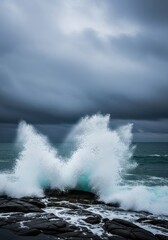 Naklejka premium Dramatic dark ocean waves crashing fiercely against a rugged coast under a brooding, stormy sky with heavy, slate-gray clouds above, environment, dangerous, turbulence