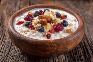 Delicious nut and berry oatmeal with milk in wooden bowl on rustic table