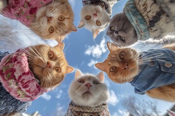 Adorable group of cats in cozy sweaters looking down under blue sky