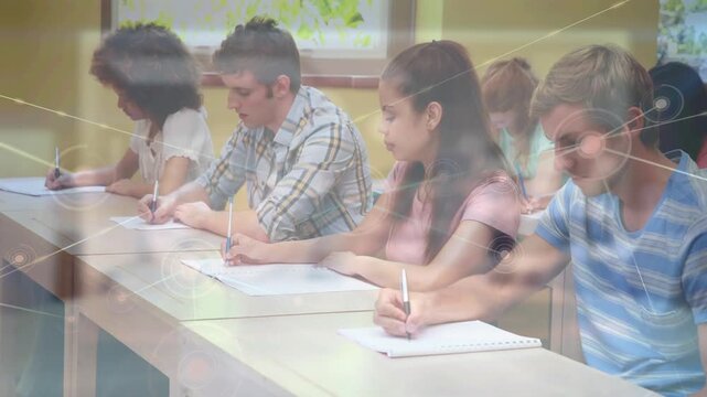 Animation of network of connections over diverse college students studying in class at college