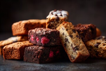 Assorted chocolate and berry brownies on display