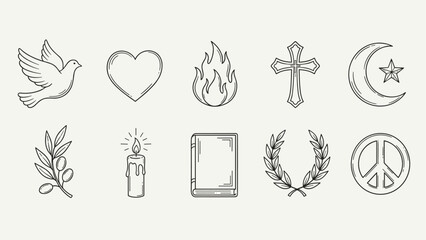 Collection of diverse symbols representing peace, love, faith, and spirituality in a clean line art style