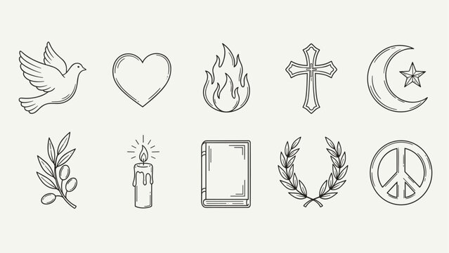 Collection of diverse symbols representing peace, love, faith, and spirituality in a clean line art style