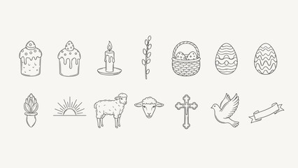 Collection of Easter symbols and religious icons in a simple line art style