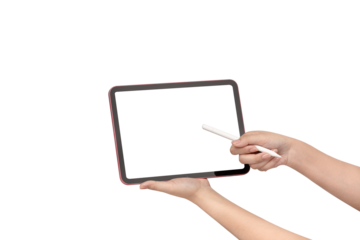 Close up of hands holding a pink digital tablet in horizontal orientation and using a stylus pen on blank white screen isolated on white background. Concept for online learning, digital drawing, and c