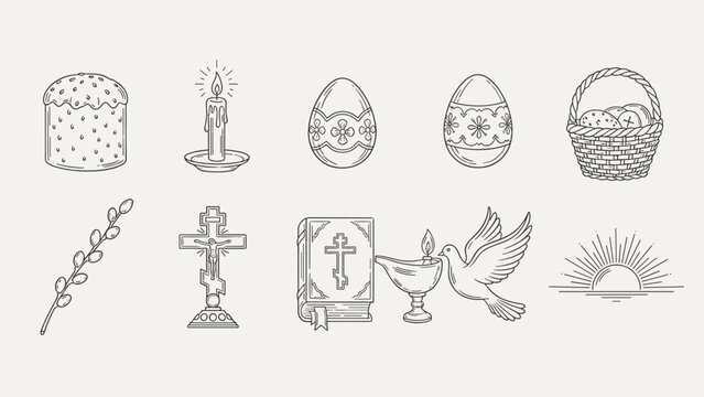 Collection of Orthodox Christian Easter symbols and religious icons in a minimalist line art style