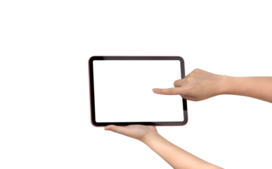 Close up of hands holding a pink digital tablet in horizontal orientation and using a stylus pen on blank white screen isolated on white background. Concept for online learning, digital drawing, and c