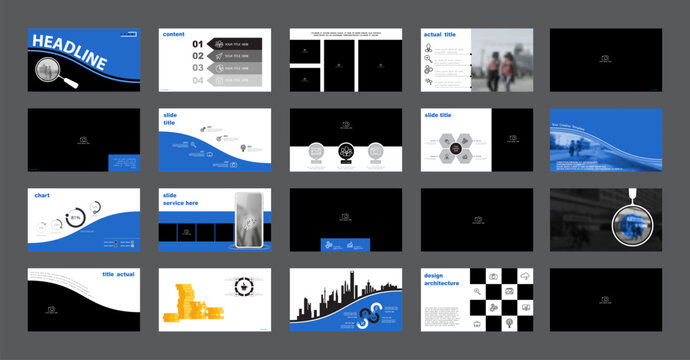 Business presentation template. Set, infographic elements, blue design, white background. Office building, flyer, powerpoint. Slideshow, corporate annual report, photo, smartphone Vector illustrations