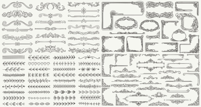 huge Set of design elements. Wreath, frames, calligraphic, swirls divider, laurel leaves, ornate, award, arrows. Decorative vintage line elements collection. Vector illustration.