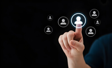 Hand interacting with digital interface icons for user selection and profile management online