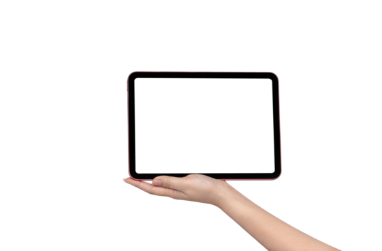 Close up of hands holding a pink digital tablet in horizontal orientation and using a stylus pen on blank white screen isolated on white background. Concept for online learning, digital drawing, and c - Powered by Adobe