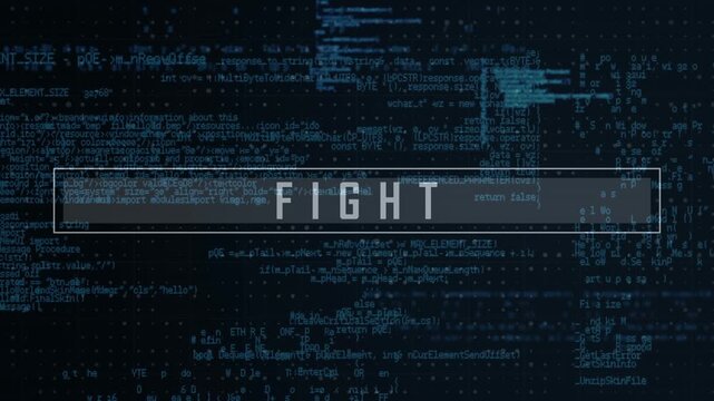 Animation of fight text with blue programming language against black background
