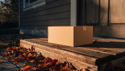 Cardboard box on a wooden porch with fallen leaves in autumn, against a house with siding and a door.