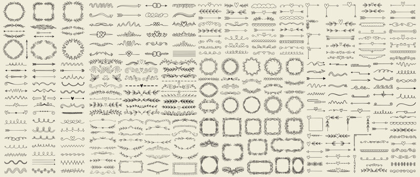Hand drawn dividers and frames collection. Decorative calligraphic design elements set. Vector ornamental borders, flourishes for wedding invitations, certificates, and text decoration.