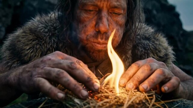 Prehistoric man starting a fire by blowing on embers in a nest of dry grass. Caveman in fur clothing using primitive survival skills. Ancient human history and evolution concept