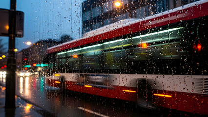 Obraz premium Red City Bus Moving in Rainy Weather.