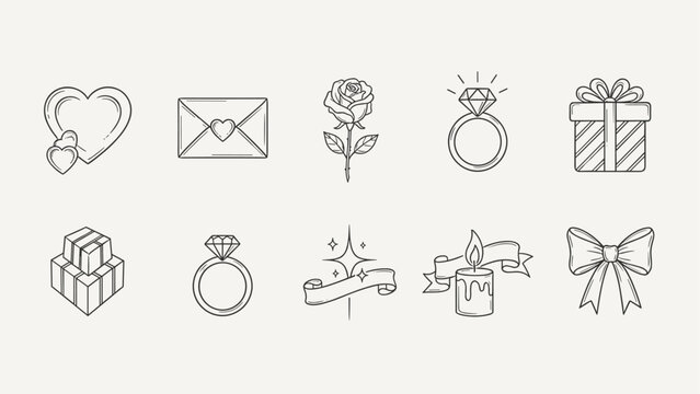 Collection of romantic and celebratory line art icons for Valentine's Day or weddings