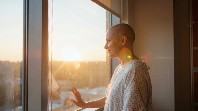 Cancer patient looking out of a hospital window at sunset. Bald woman in a hospital gown reflecting on recovery and health. Hope and resilience in oncology care concept. Cinematic shot