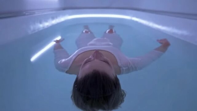 Woman relaxing in a sensory deprivation tank, floating effortlessly in water, with a serene and peaceful background, used for meditation or therapy