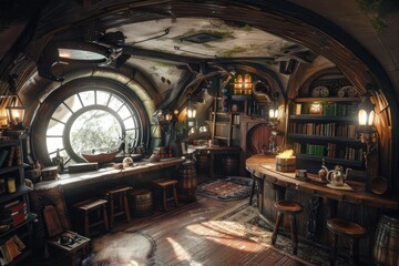 Naklejka premium Sunlight streams into a cozy fantasy alchemist's workshop, illuminating shelves filled with books, potions, and curious artifacts