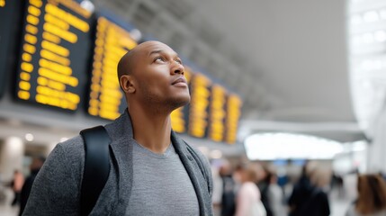 Black man looking up at flight information board in airport  