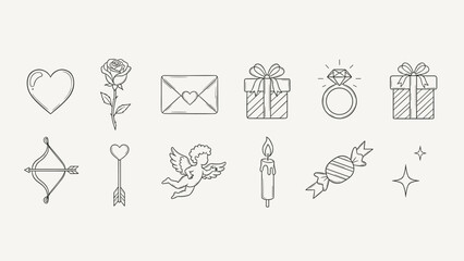 Fototapeta premium Collection of romantic and celebratory icons for Valentine's Day or weddings