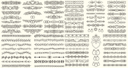 Obraz premium Collection of hand drawn wedding dividers. Vector calligraphic lines, vintage borders and floral laurels. Vector isolated flourish ink elements.