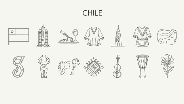 Chilean cultural symbols and landmarks in a simple line art illustration