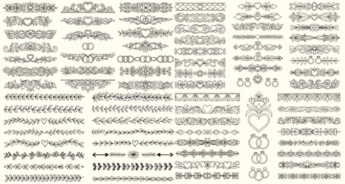 Collection of hand drawn wedding dividers. Vector calligraphic lines, vintage borders and floral laurels. Vector isolated flourish ink elements.